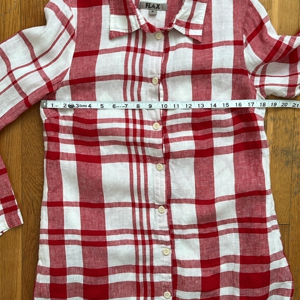 FLAX 100% Linen Red & White Checkered Shirtdress Full Button Front Dress Size P - Picture 6 of 12